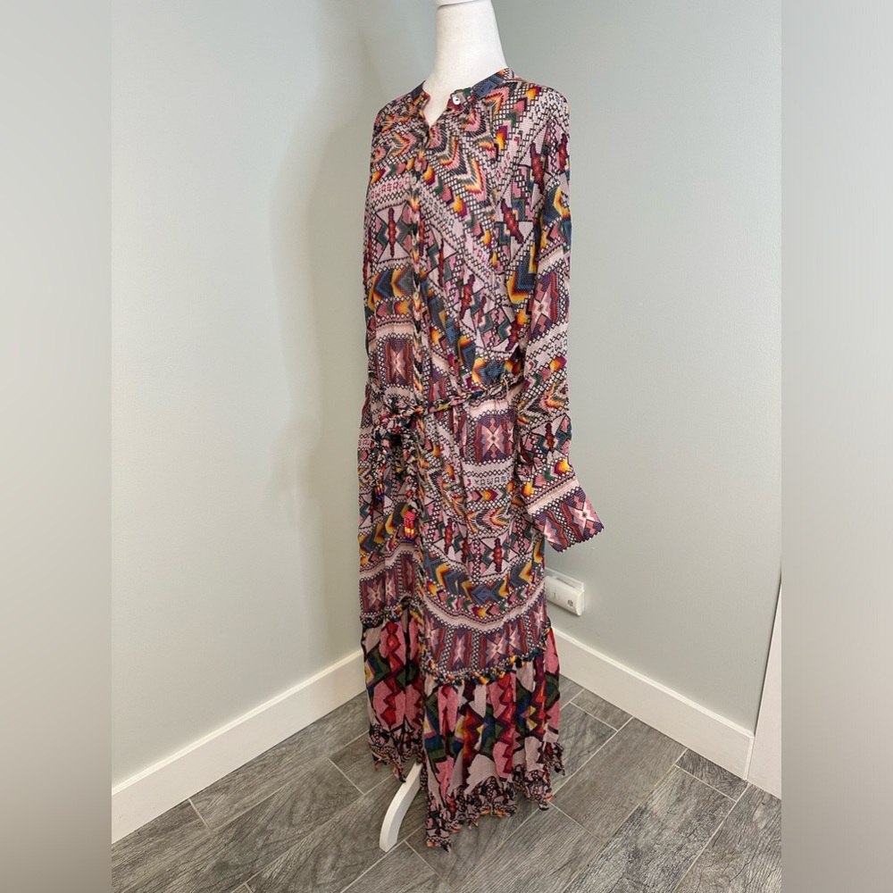 NWT Farm Rio Amulet Maxi Boho Sleeved Belted Aztec Sheer Dress Sz Large - Picture 3 of 17